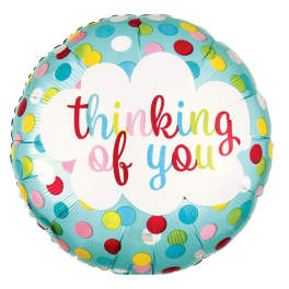 Round polka dot balloon with "thinking of you" text