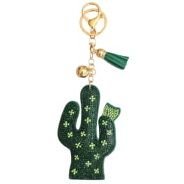 Green cactus keychain with gold hardware and a tassel charm