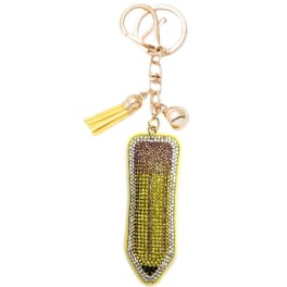 Gold keychain with a rhinestone pencil charm and tassel