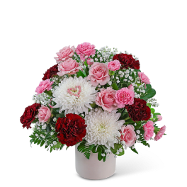 Pink and red carnations with white chrysanthemums in a white vase