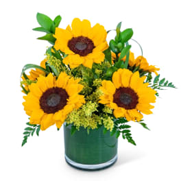 Sunflower arrangement in a green glass vase