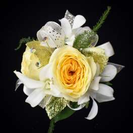 Yellow rose bouquet with white ribbon and gold accents