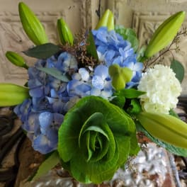 Blue hydrangeas with green lily buds and a white hydrangea bloom
