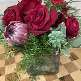 Red roses and a protea in a square glass vase