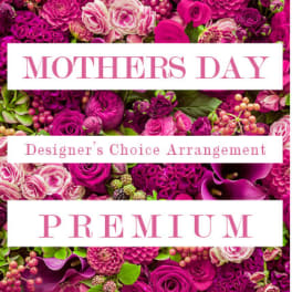 Bright pink and purple mixed flowers with Mothers Day premium text overlay