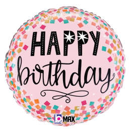 Pink birthday balloon with confetti border and "Happy birthday" text