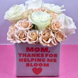 White and blush roses in a square gift box with a Mother's Day message