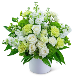 White roses and pale green carnations in a white vase