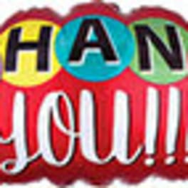 Colorful "THANK YOU!!!" balloon sign on a white background