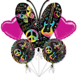 Birthday balloon bouquet with butterfly, guitar, and peace sign designs