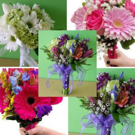 Collage of colorful hand-tied bouquets with ribbons
