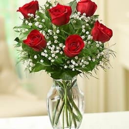 Red roses arranged in a clear glass vase with baby's breath