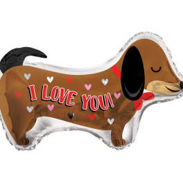 Dog-shaped foil balloon with "I LOVE YOU!" text and hearts