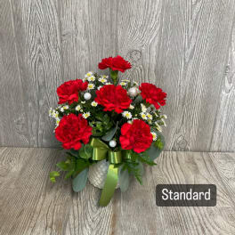 Red carnations with small white daisies in a white vase with a green ribbon