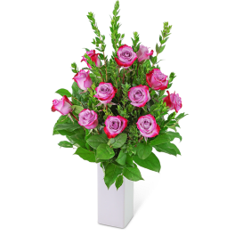 Pink roses arranged in a white rectangular vase