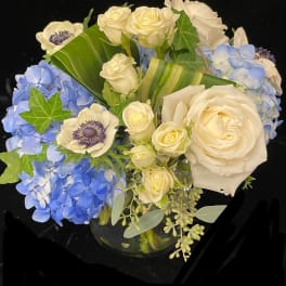 Low glass vase of white roses and blue hydrangeas with white anemones against a black background.