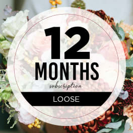 Graphic for 12-month loose flower subscription over a mixed bouquet background