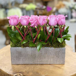 Pink roses arranged in a rectangular silver planter