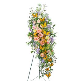 Tall floral standing spray with pink roses and orange butterflies
