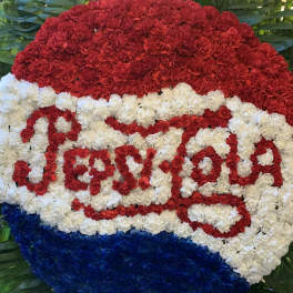 Red, white, and blue floral Pepsi logo display