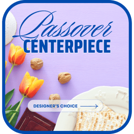 Graphic reading "Passover Centerpiece" with tulips, matzah, and a seder plate