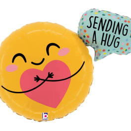 Two heart-themed balloons, one with a smiling face and one reading "Sending a Hug"