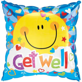 Blue foil balloon with a smiling sun and the words "Get well"
