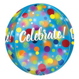 Round blue balloon with colorful dots and the word Celebrate