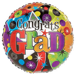 Round foil balloon with colorful "Congrats Grad" text and starburst patterns