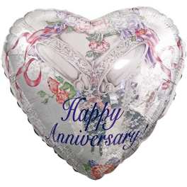 Heart-shaped foil balloon with "Happy Anniversary" text and floral print