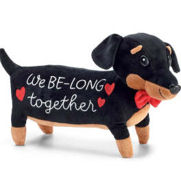 Black plush dachshund with "We BE-LONG together" text and red hearts