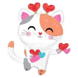 Cat-shaped foil balloon with colorful hearts