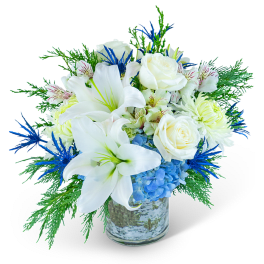 White lilies and roses in a birch-pattern vase with blue accents