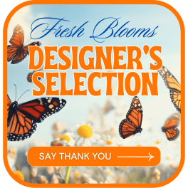 Butterflies over blurred flowers with "Designer's Selection" text