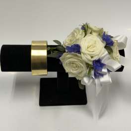 White Spray Rose and Blue Delphinium Corsage with Gold Cuff Wristlet