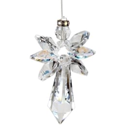 Faceted clear crystal angel ornament hanging from a thin cord