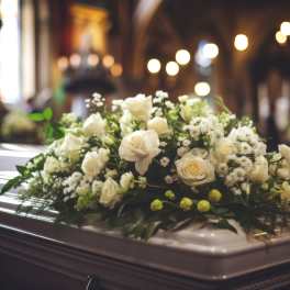 White rose casket spray on a closed casket in a softly lit chapel
