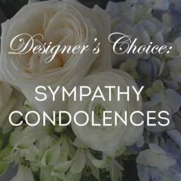 Cream roses and white flowers with soft blue blooms and text reading Designer's Choice Sympathy Condolences
