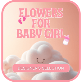 Pink baby girl graphic with clouds, footprints, and a bottle icon