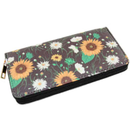 Floral-print zippered wallet with sunflowers and daisies