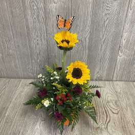Sunflower arrangement with a butterfly topper in a small container
