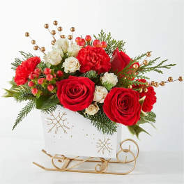 Red and white rose bouquet in a white holiday box with gold accents