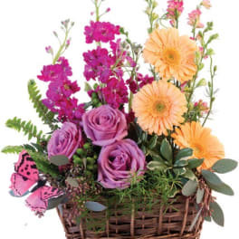 Basket arrangement with purple roses, peach gerbera daisies, pink flower spikes, and a decorative pink butterfly.