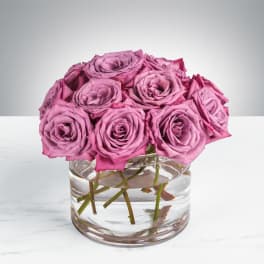 Compact arrangement of mauve roses in a clear glass cylinder vase with stems in water
