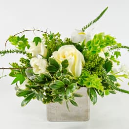 White roses and green flowers in a square glass vase