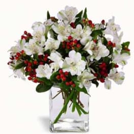 White flowers and red berries in a clear glass vase