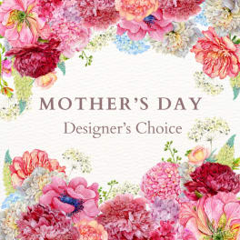 Watercolor-style border of pink and red flowers around the words Mother’s Day Designer’s Choice.