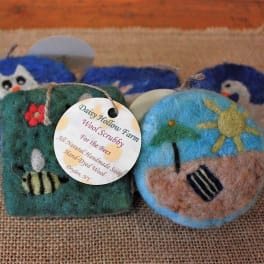 Handmade wool scrubby soaps with bee and flower designs