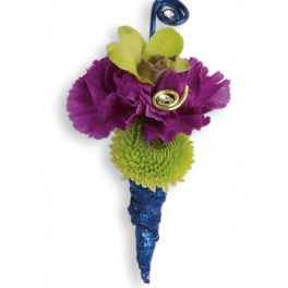Purple and green boutonniere with blue wrap and decorative wire