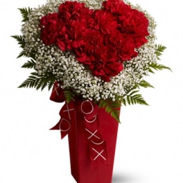 Red carnation bouquet with white baby's breath in a red vase